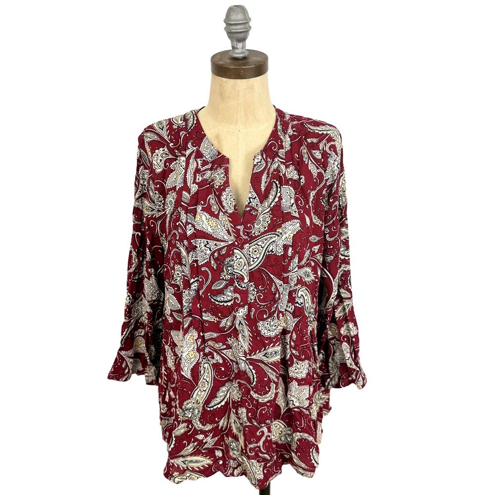 FUN2FUN Stitch Fix Kearney Henley Top L Burgundy Paisley Print Blouse NEW A4